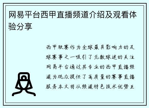 网易平台西甲直播频道介绍及观看体验分享